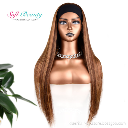 RTS Silky Straight Pixie Raw Indian Colors No Lace Human Hair Highlights Headband Wigs for Black Women